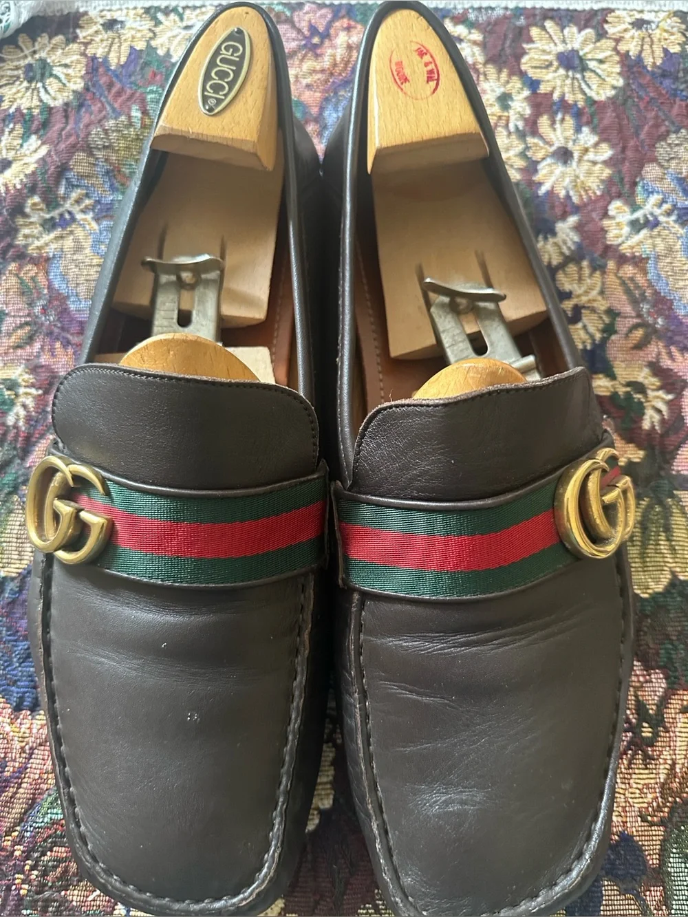 Gucci GG Gold Green Red Web Brown Leather Men’s Driving Loafers Size 12 G
